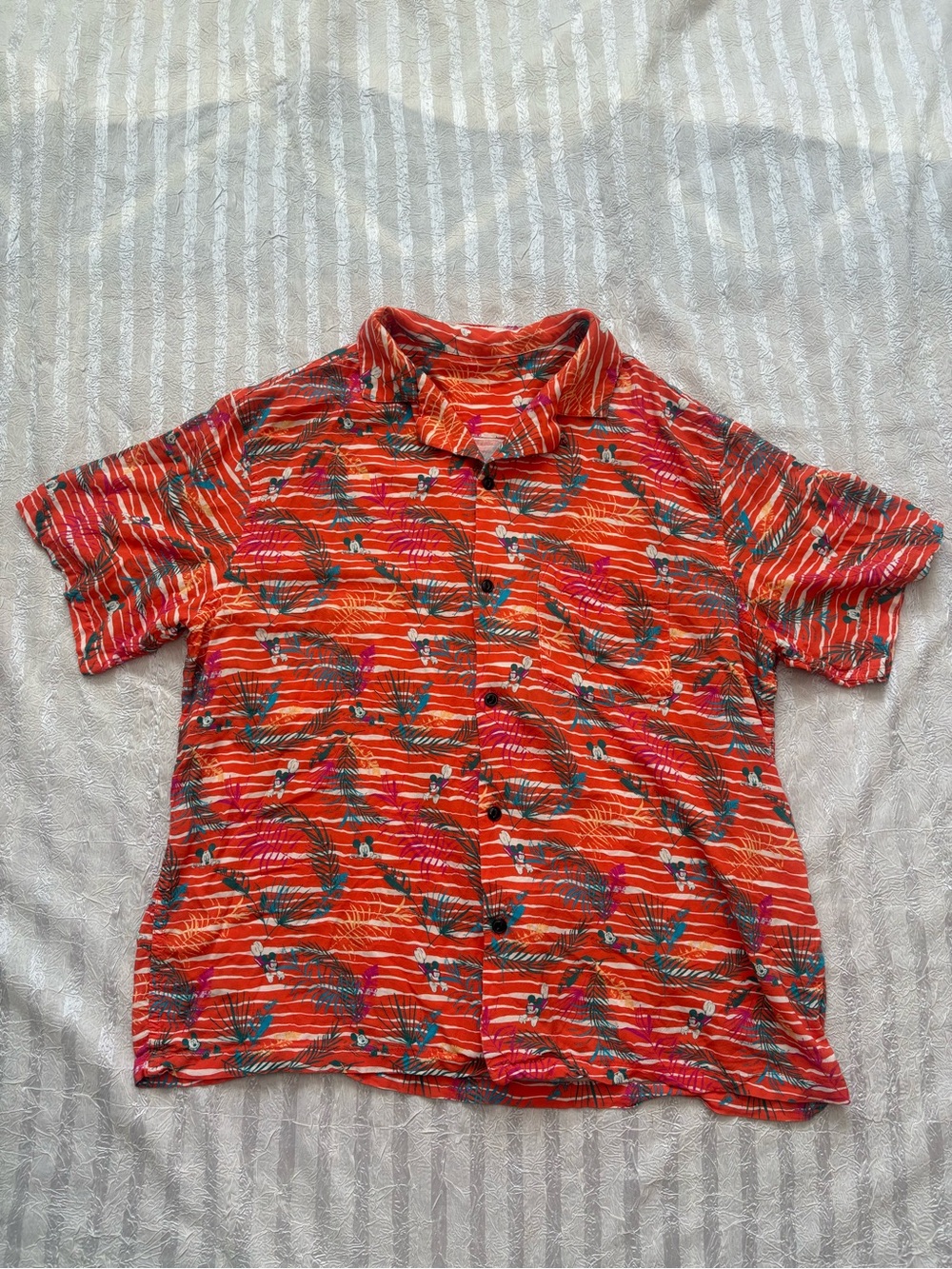 Vibrant Orange Tropical Disney Button-Up Shirt with Mickey Detail